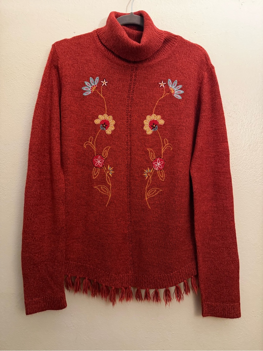 Denim Moves Embroidered Red Rust Sweater for Fall with Fringe Like New Medium - Picture 5 of 6